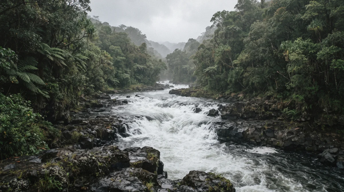 The Wailuku River running high and fast after rain near Hilo, showing the flash-flood risk that makes swimming near Hilo waterfalls dangerous