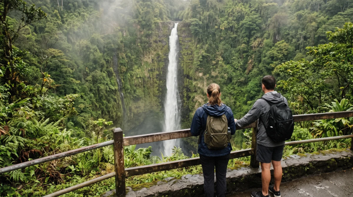 Two visitors at the ʻAkaka Falls overlook on a family trip to see Hilo waterfalls with kids