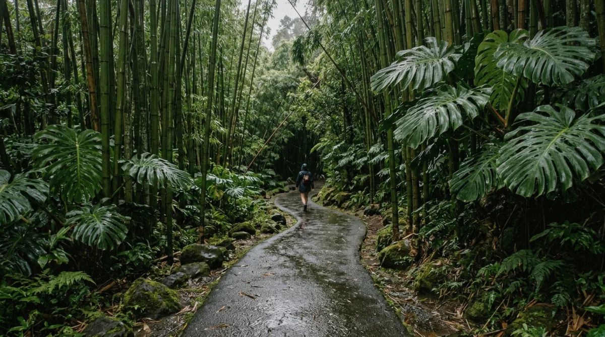 The paved Akaka Falls loop trail winding through tall green bamboo and giant philodendron leaves near Hilo, Hawaii