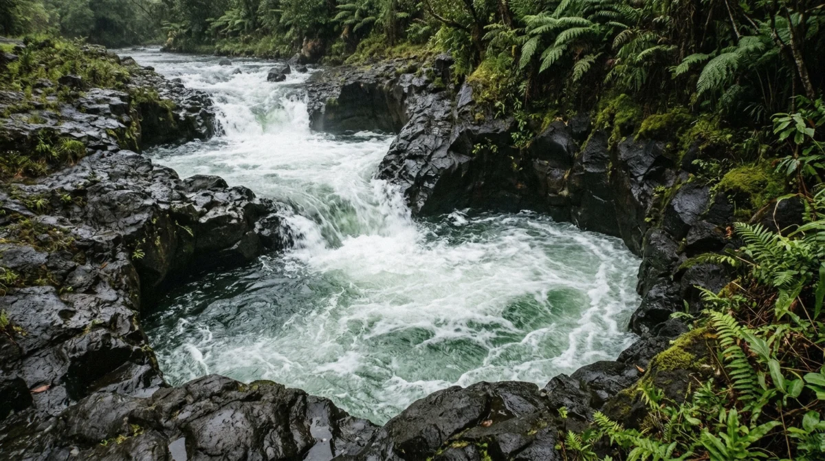 Close view of the Boiling Pots on the Wailuku River in Hilo, Hawaii, round basalt pools churning with green and white water