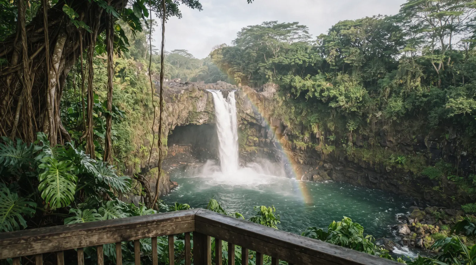 Rainbow Falls cascading 80 feet over a lava cave into the Wailuku River, the most famous of the Rainbow Falls Hilo Hawaii waterfalls